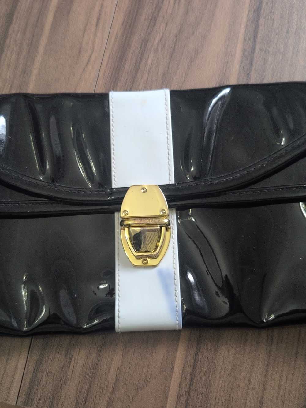 Allegro Pacific Patent Black & White Clutch with Gold Hardware